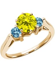0.71 Ct Round Canary Diamond Swiss Blue Topaz 18K Yellow Gold 3-Stone Ring