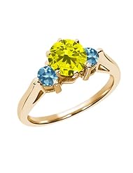 0.71 Ct Round Canary Diamond Swiss Blue Topaz 18K Yellow Gold 3-Stone Ring