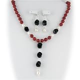 Coral & Black Onyx Sterling Silver Pearl Necklace & Earrings Set ne944