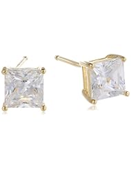 Yellow Gold Plated Sterling Silver Princess-Cut Cubic Zirconia Stud Earrings
