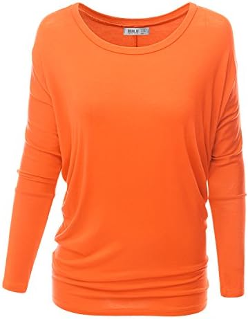 Doublju Women Long Dolman Sleeve Solid Color Boat Neck Top