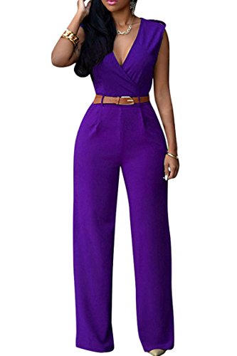 Pink Queen Women's Purple Deep v Neck Loose Long Jumpsuits Rompers with Belt XL