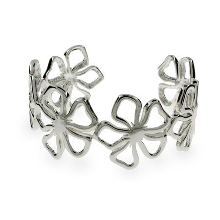 Eve's Addiction Sterling Silver Flower Cuff Bracelet