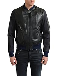 Apparel: Lanvin Mens Black & Blue 100% Leather Front Full Zip Bomber Jacket US S IT 48;