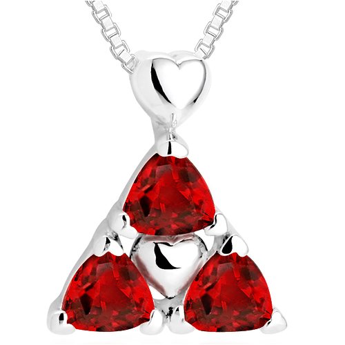 Trillion Cut Garnet Three Stone Pendant Necklace Sterling Silver