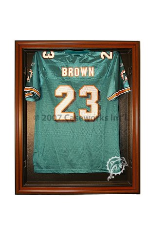 Miami Dolphins Football Jersey Display Case Cabinet Style with Classic Wood Finish Frame