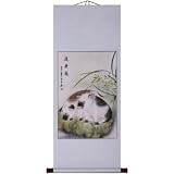 Hand-Painted 48" Oriental Wall Art Scroll - Lucky Pigs With Light Green Border