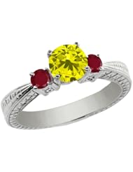 1.08 Ct Round Canary Diamond Red Ruby 925 Sterling Silver 3-Stone Ring