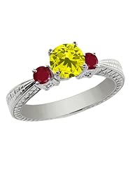 1.08 Ct Round Canary Diamond Red Ruby 925 Sterling Silver 3-Stone Ring