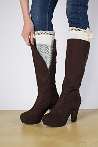 Tirain Knitted Button Crochet Boot Cuff Topper Liner Leg Warmer with Lace Trim (Beige)