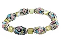Bracelet - B194 - Faceted Glass Cube and Lampwork Style Beads - Stretch ~ Black, Pink and Yellow
