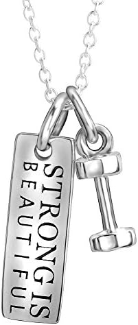 Sterling Silver "Strong Is Beautiful" Engraved Dumbbell Barbell Gym Buff Pendant Necklace 18"