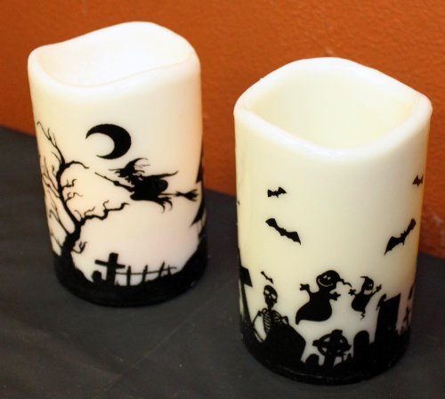 Spooky Witch and Ghost Graveyard Scene LED Flicker Candle Halloween Décor SET of 2 6in High x 4in Diameter Each