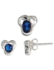 Sterling Silver Matte-finish Fancy Stud Earrings (7mm tall) & Pendant Slide (9mm tall) Set, w/ Oval Cut Blue Sapphire-colored CZ Stones