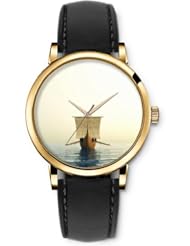 SPRAWL Aanalog Fashion Series Gold Ladies Watches of Genuine Black Leather Strap,Unique Wrist Watch for Women Girls Designed with Ship at sea