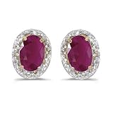 14K Yellow/White Gold 0.02 ct. Diamond and 6 x 4 MM Oval Shaped Ruby Earrings