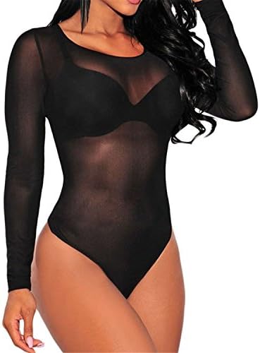 Fokbas Underwear Womens Sexy Long Sleeve Sheer Mesh Corset Bodysuit BlackMedium