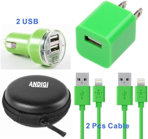 ANDIGI 4-in-1 Dual USB Car Charger + 2 USB Data Charging Cable + Wall Charger + Hard Case for IPhone 5 and 5s, iPad4 and Air