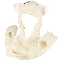 Winter Faux Fake Frizzy Animal Fur Scarf Trapper Ski Hat with Gloves Mittens White
