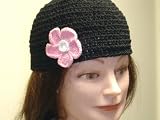 Cp121, Hand Crocheted Black Chenille Gimp Skull Cap with Pink Rose for Women and Teens