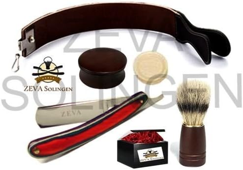 Men's Wood 5 Pieces Cut Throat Straight Edge Razor Strop Bowl Brush & Soap Shaving Gift Set/Kit by ZEVA