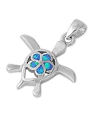 Blue Lab Opal Sea Turtle and Hawaiian Plumeria Flower Pendant and Necklace in Sterling Silver