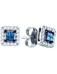 10K White Gold 0.26CT Blue Princess Cut Center & Round Cut Diamond Side Stone Invisible Earrings