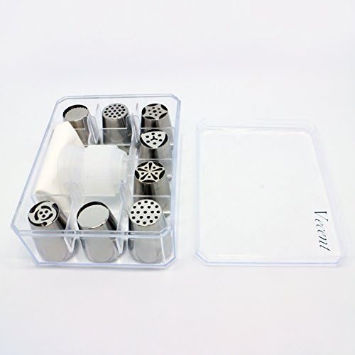 Vecent 8pcs Russian Piping Tips Set Stainless Steel Icing Tips Cake Decorating Tips Set DIY Pastry Tubes Cupcake Decorating Nozzle with Durable Storage Box