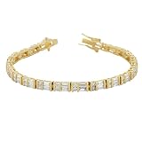 14k Gold Bonded Alternating Emerald and Round Cut Cubic Zirconia Tennis Bracelet with Box Clasp in Goldtone - 8 Inch
