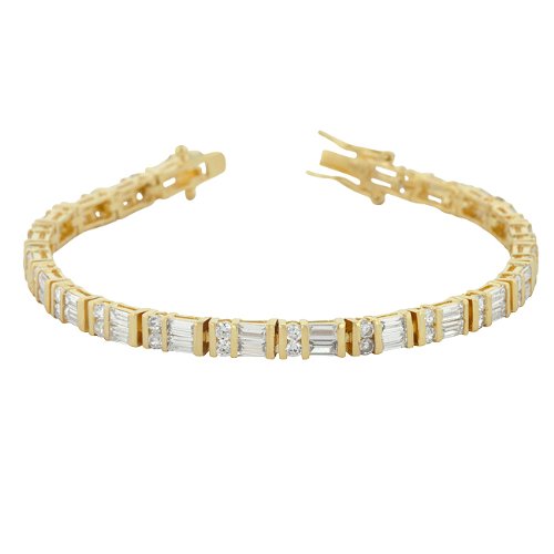 14k Gold Bonded Alternating Emerald and Round Cut Cubic Zirconia Tennis Bracelet with Box Clasp in Goldtone - 8 Inch