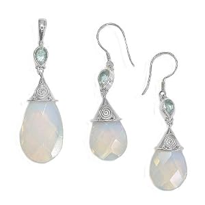 Sterling Silver Opalite Checkerboard Drop and Sky Blue Topaz Dangle Earrings... by Sajen Sterling Silver