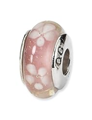 Sterling Silver Pink/White Floral Hand-blown Glass Charm Bead Fits Pandora Chamilia Biagi Bracelet