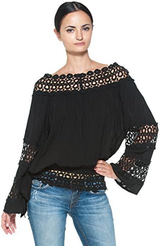 Women's Crocheted Boat Neck Bohemian Vintage Inspired Wide Sleeve Peasant Blouse (3XL, Black)