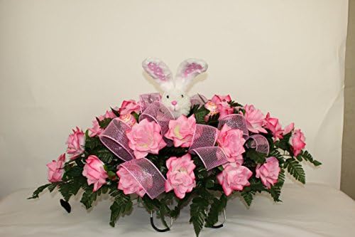 Beautiful Pink Roses With Easter Bunny Spring Cemetery Tombstone Saddle