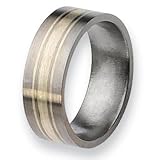 Sterling Silver Inlaid Flat Brushed Titanium Ring (8.0 mm) With Wood Box - Sizes 8.5-12
