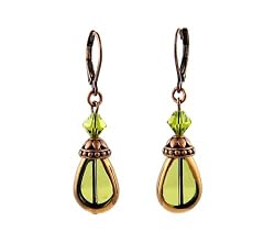 Earrings - E244 - Teardrop Window Pane and Crystal ~ Olive