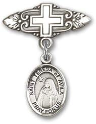 Sterling Silver Baby Badge with St. Teresa of Avila Charm and Badge Pin with Cross