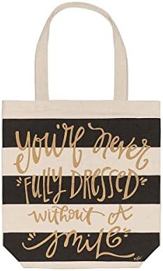 16.5'' Tall Striped Canvas Tote Bag with Inspirational Quote ("Smile")