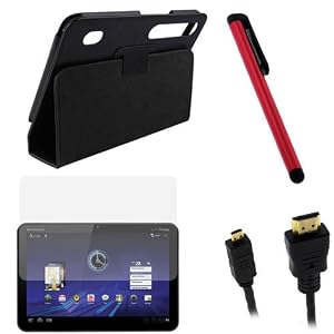 GTMax Black Durable PU Texture Leather Protector Cover Case with Stand + LCD Screen Protector + 6FT Gold Plated HDMI to Micro HDMI Cable + Universal Red Stylus for Motorola Xoom Tablet
