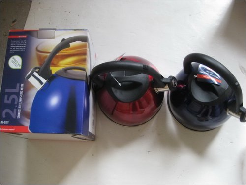"2.5 Qt Stainless Steel Whistling Teapot Kettle Bottom Dia: 8"" Red/Blue 2 Colors."