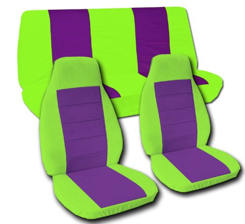 Complete set of Lime Green and Purple seat covers for a 2011 Chevy Camaro. Side airbag friendly