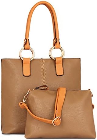 Womens Pu Soft Litchi Rind Leatherette Textured Faux Leather Tote Shoulder Bag Crossbody Purse Weekend Combo Set (Brown)