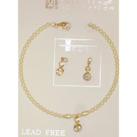 One Strand Genuine Gold Plated with Simulated Ivory Pearl Choker Necklace Crystals Loaded Locket...