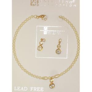 One Strand Genuine Gold Plated with Simulated Ivory Pearl Choker Necklace Crystals Loaded Locket...