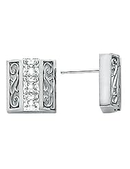 14K White Gold Three-Stone Princess Cut Diamond Earrings - 0.90 Ct. -- LIFETIME WARRANTY