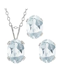 1.58 Ct Oval Sky Blue Aquamarine Gemstone Sterling Silver Pendant Earrings Set