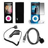 Premium Black Soft Silicone Gel Skin Cover Case + Crystal Clear LCD Screen Protector + Rapid Car Charger + USB Data Charge Sync Cable for Apple iPod Nano 5G, 5th Generation