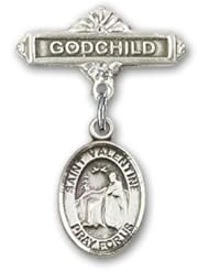 Sterling Silver Baby Badge with St. Valentine of Rome Charm and Godchild Badge Pin