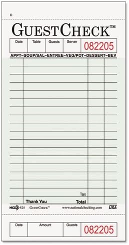 National Checking Company Guest Check Pad, w/Stub, 3-1/2 x 6-3/4, 1-Part Carbonless - 50 pads.