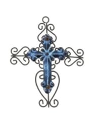 Home: Decorative Scrolled Blue and Black Wall Cross with Ceramic Center - 6 5/8" Tall - Home Accents